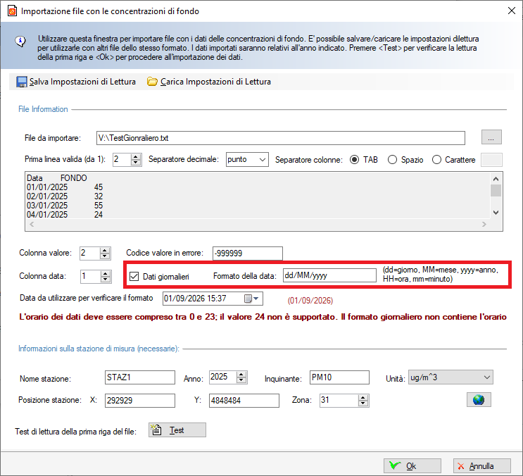 RunAnalyzer importazione fondo concentrazioni orarie